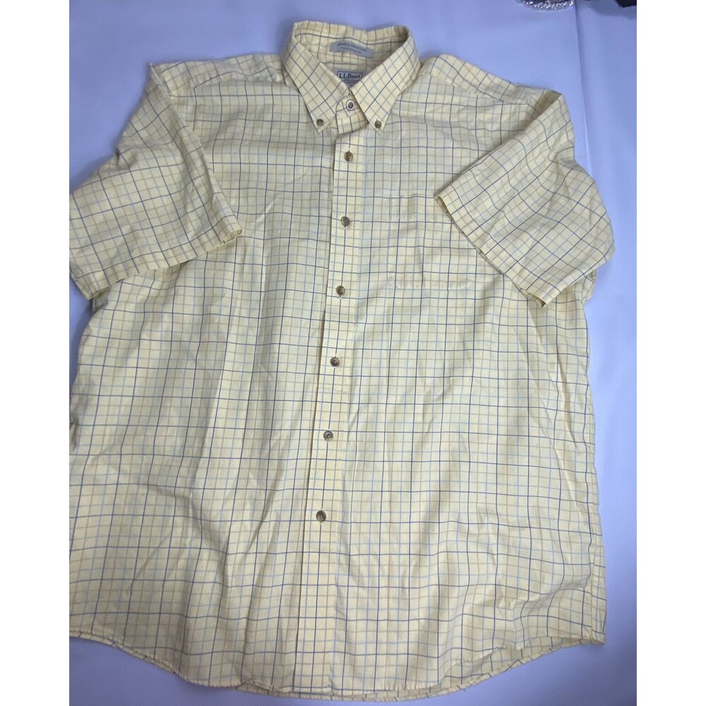 LL Bean Mens Yellow Plaid Short Sleeve Traditional Fit Button Down Shirt Size XL